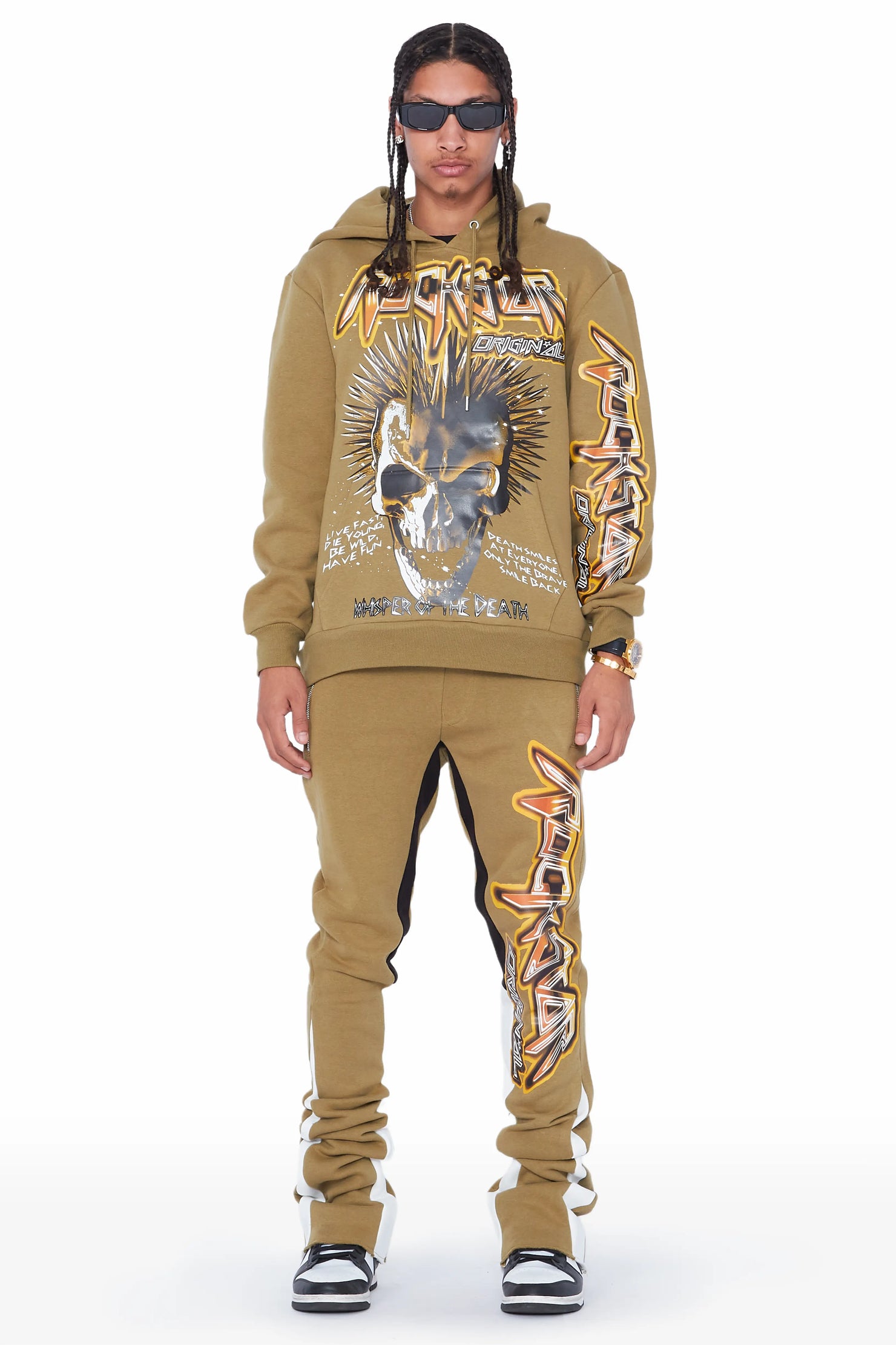 Obern Olive Graphic Hoodie/Stacked Flare Pant Track Set