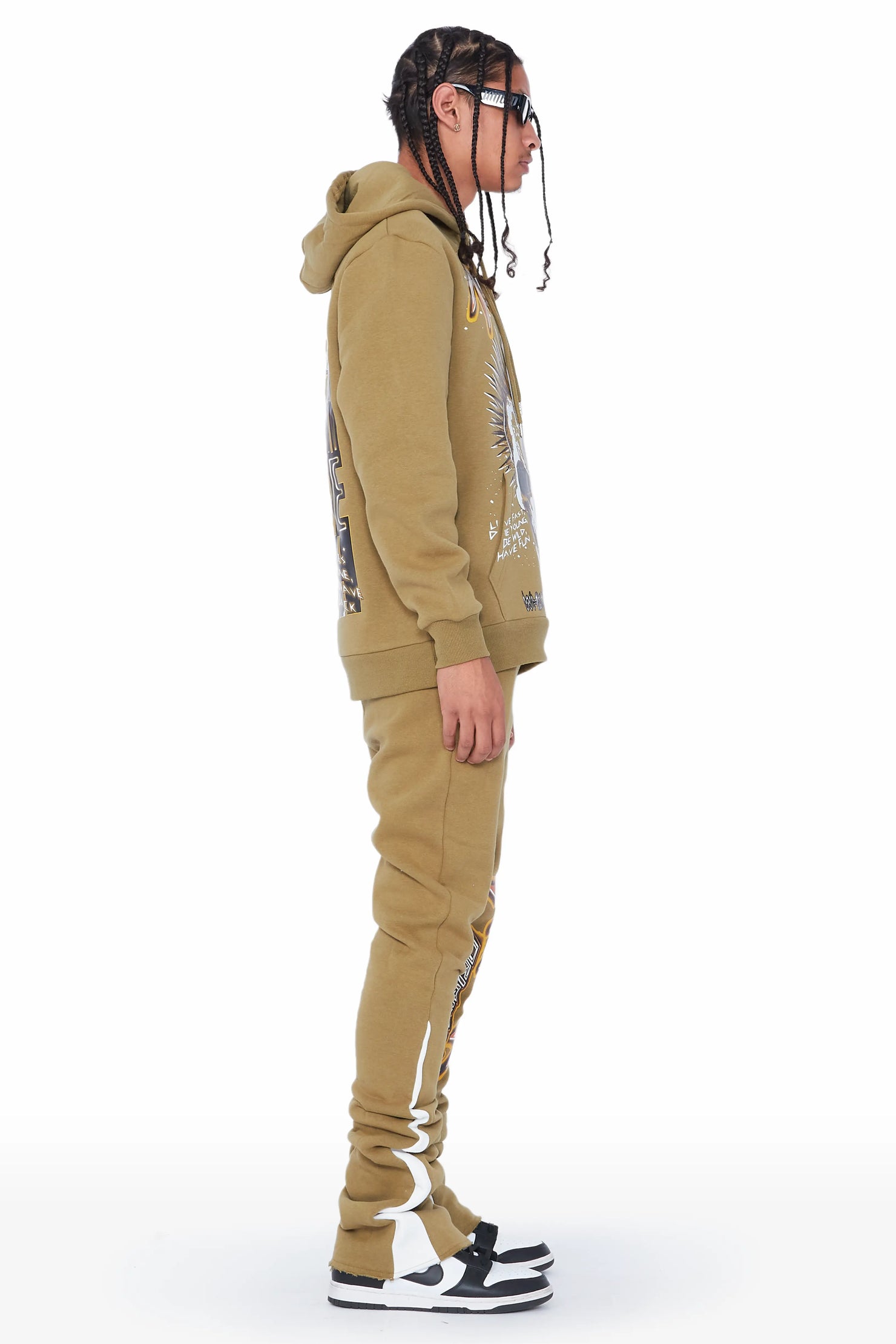Obern Olive Graphic Hoodie/Stacked Flare Pant Track Set