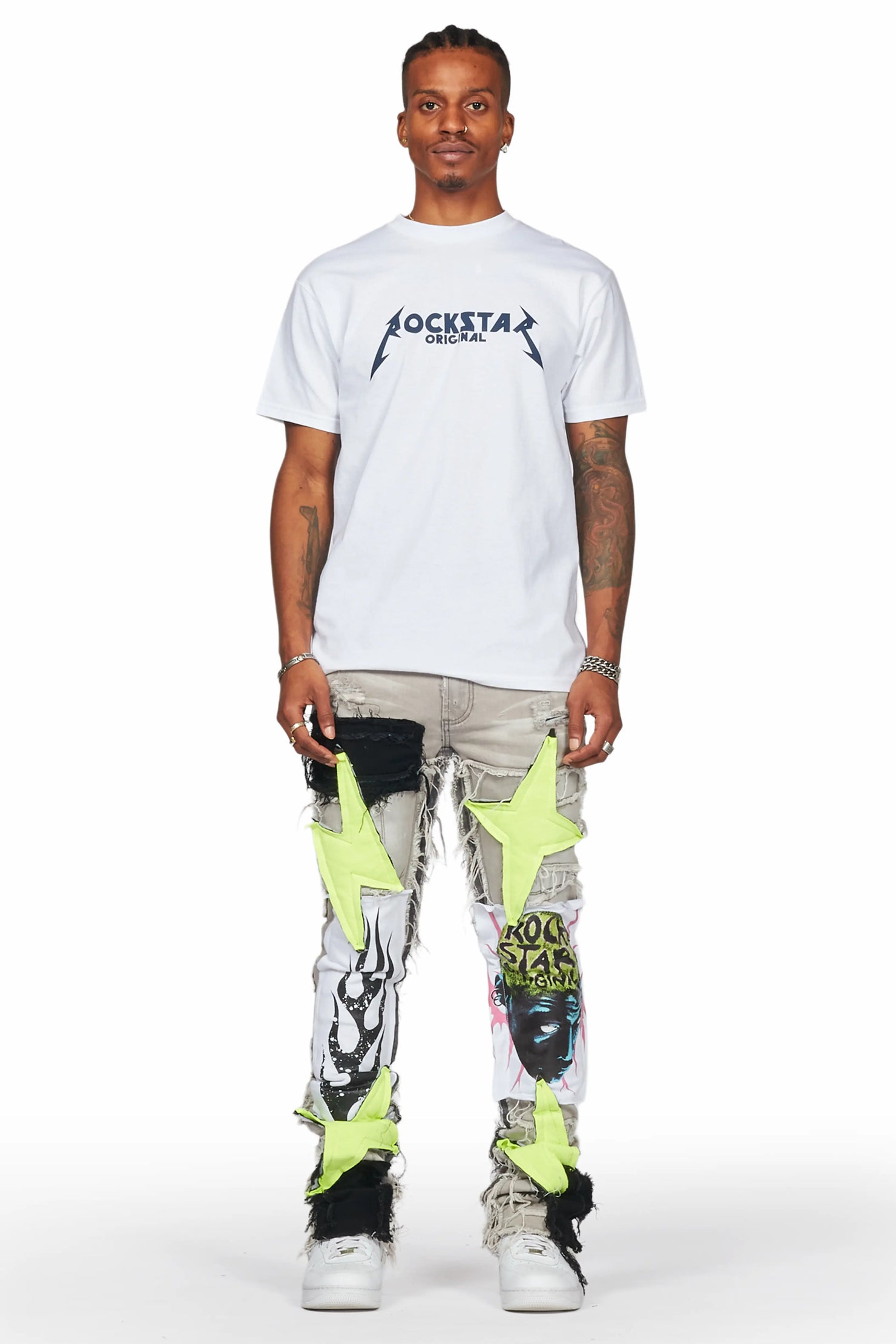 Edgar Grey/Yellow Patchwork Stacked Flare Jean