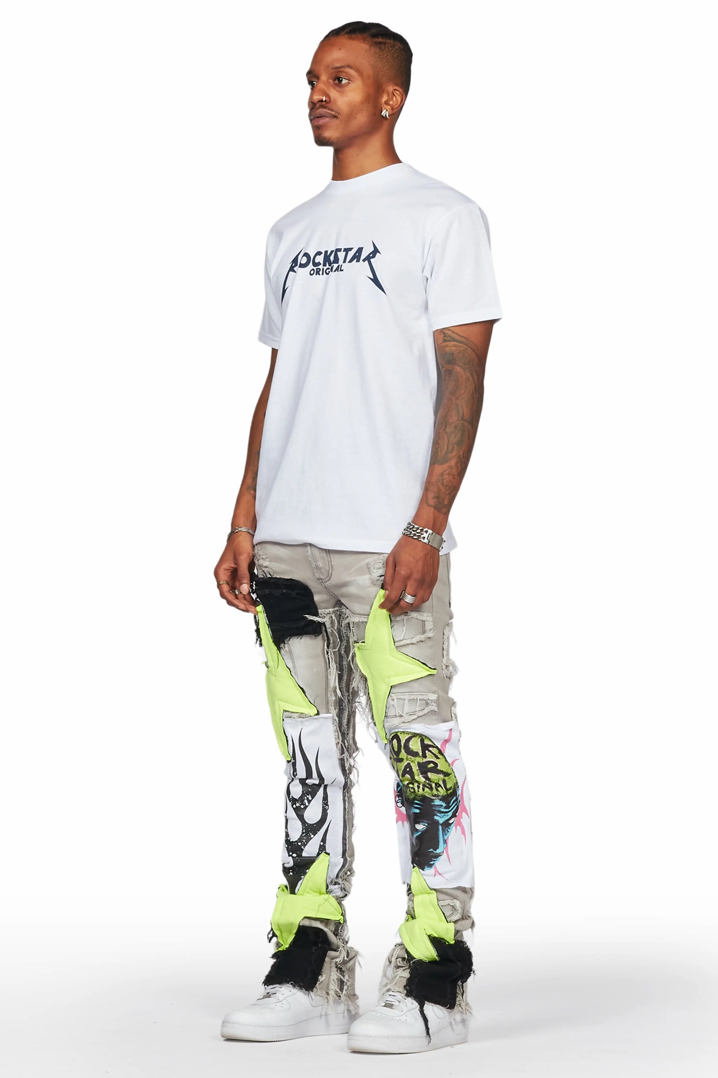 Edgar Grey/Yellow Patchwork Stacked Flare Jean