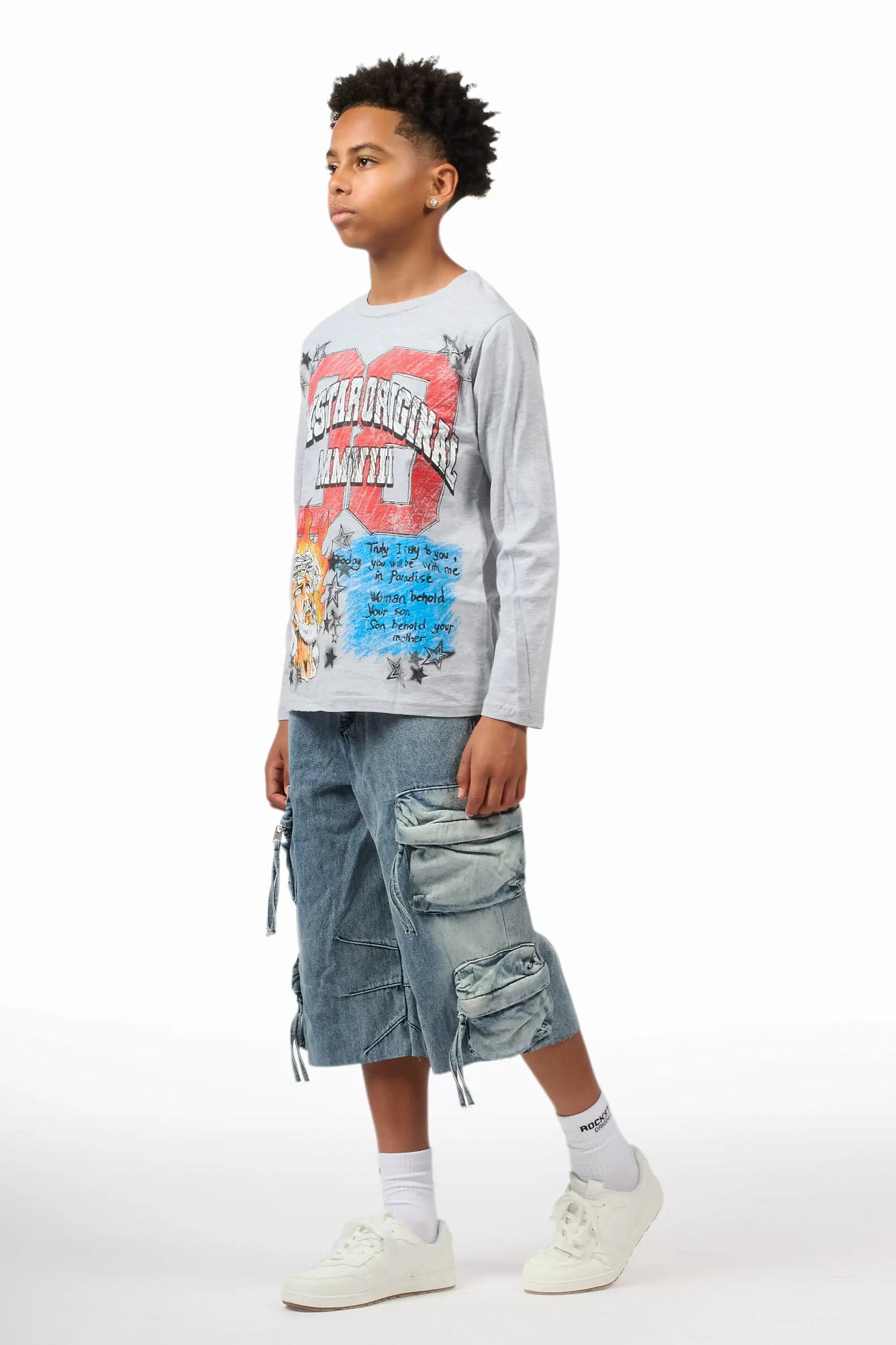 Boys Jesus Crayon Grey/Blue Long Sleeve T-Shirt/Denim Short Set