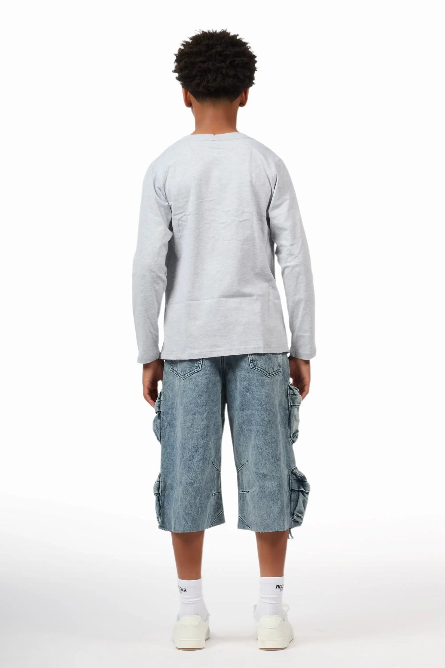 Boys Jesus Crayon Grey/Blue Long Sleeve T-Shirt/Denim Short Set