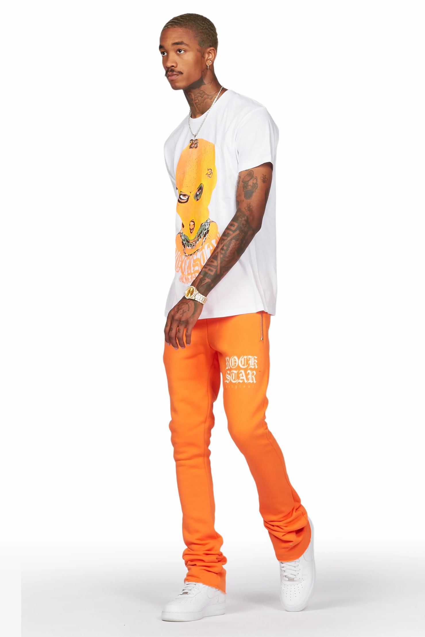 Murdra White/Orange T-Shirt/Stacked Flare Pant Set