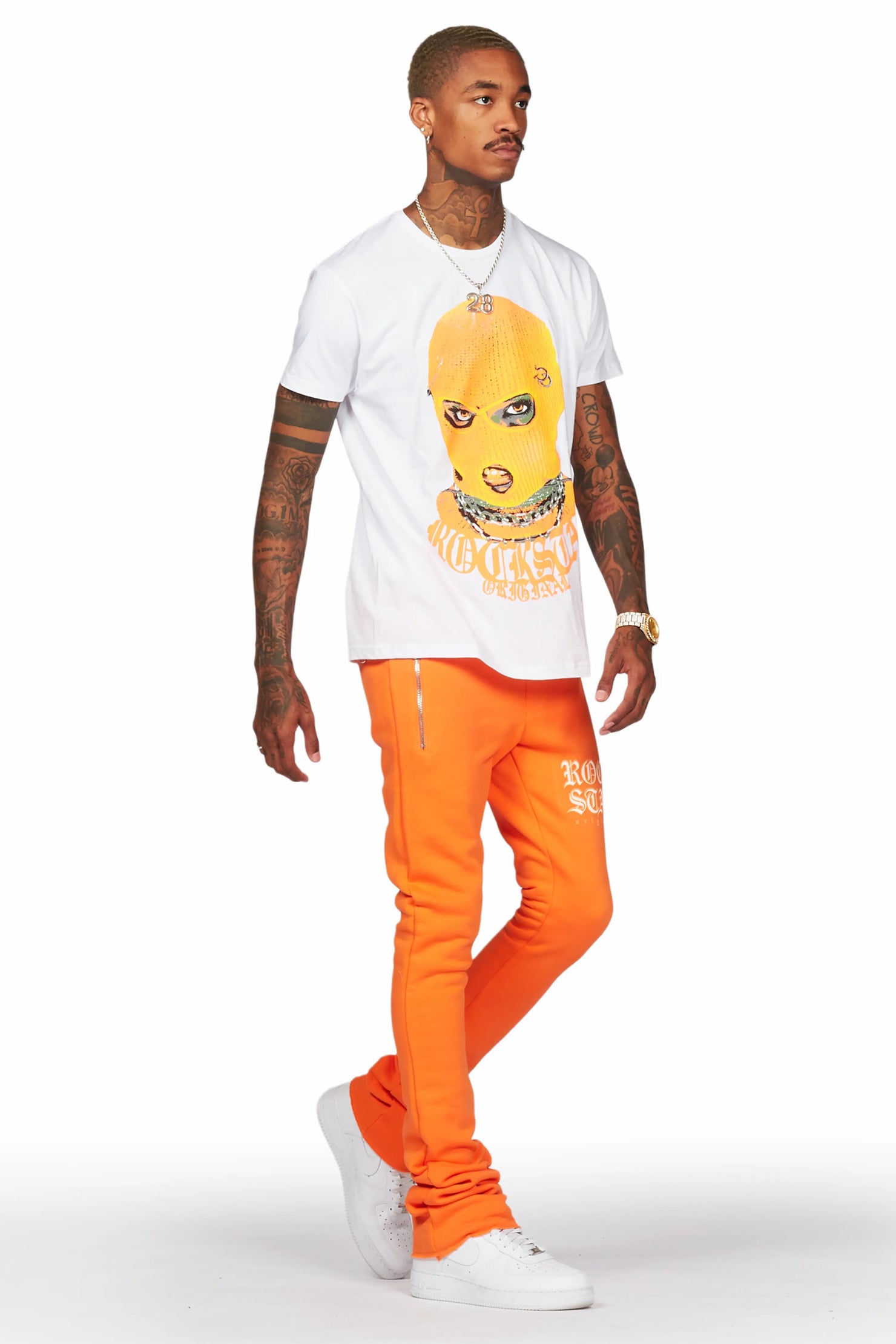 Murdra White/Orange T-Shirt/Stacked Flare Pant Set