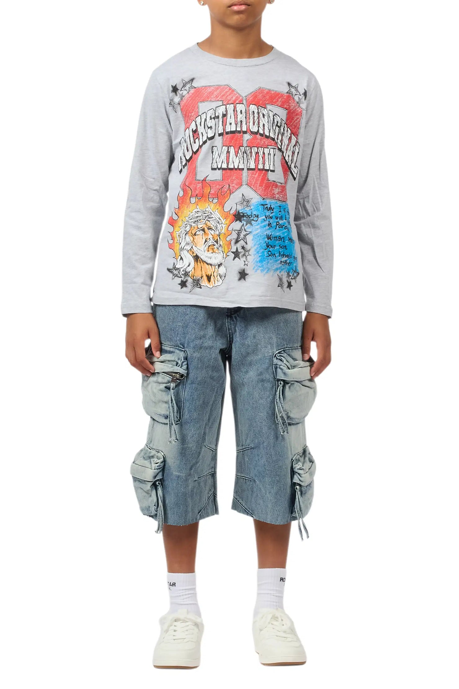 Boys Jesus Crayon Grey/Blue Long Sleeve T-Shirt/Denim Short Set