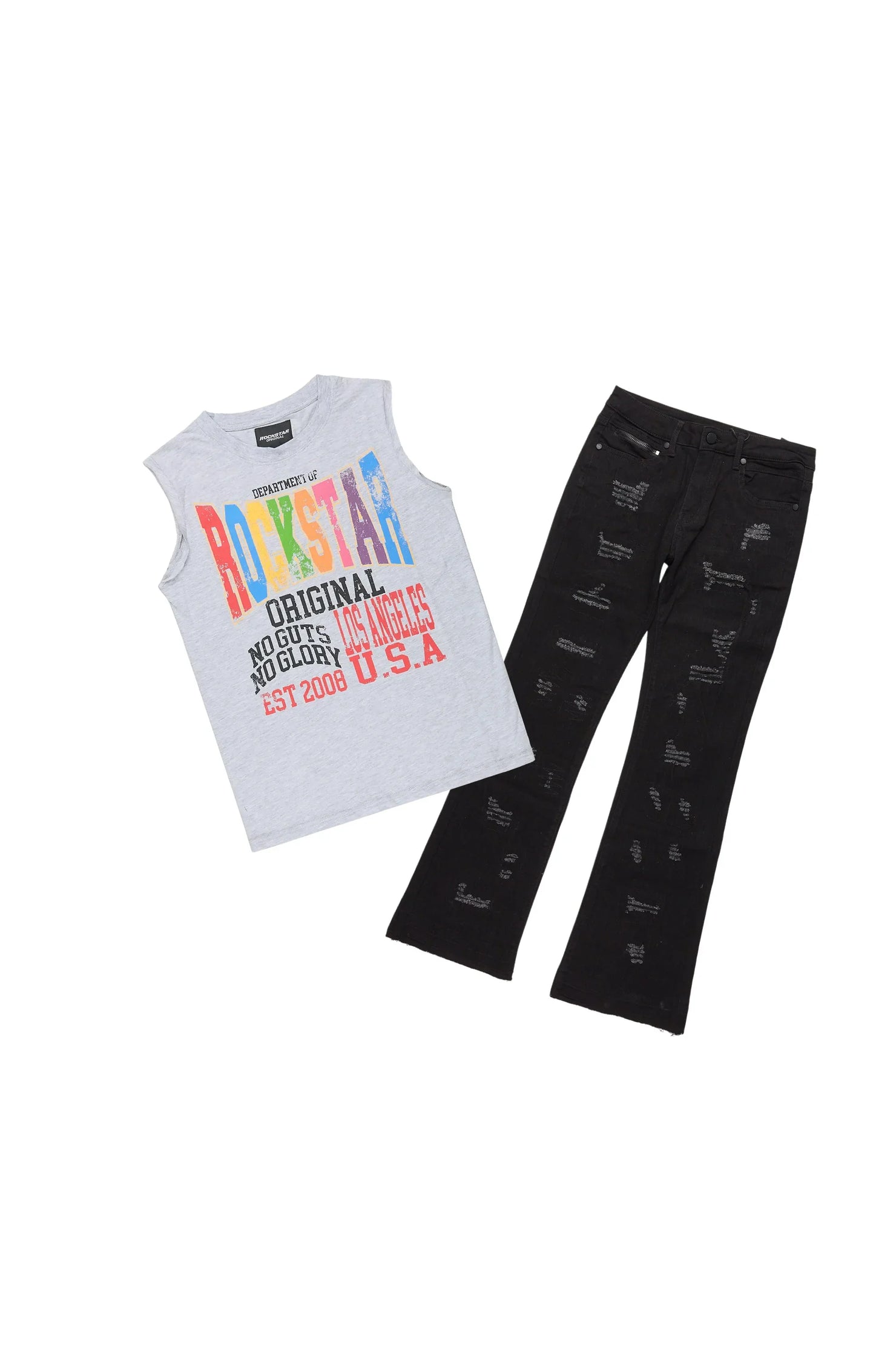 Boys Keen Grey/Black Cut Off T-Shirt Stacked Jean Set