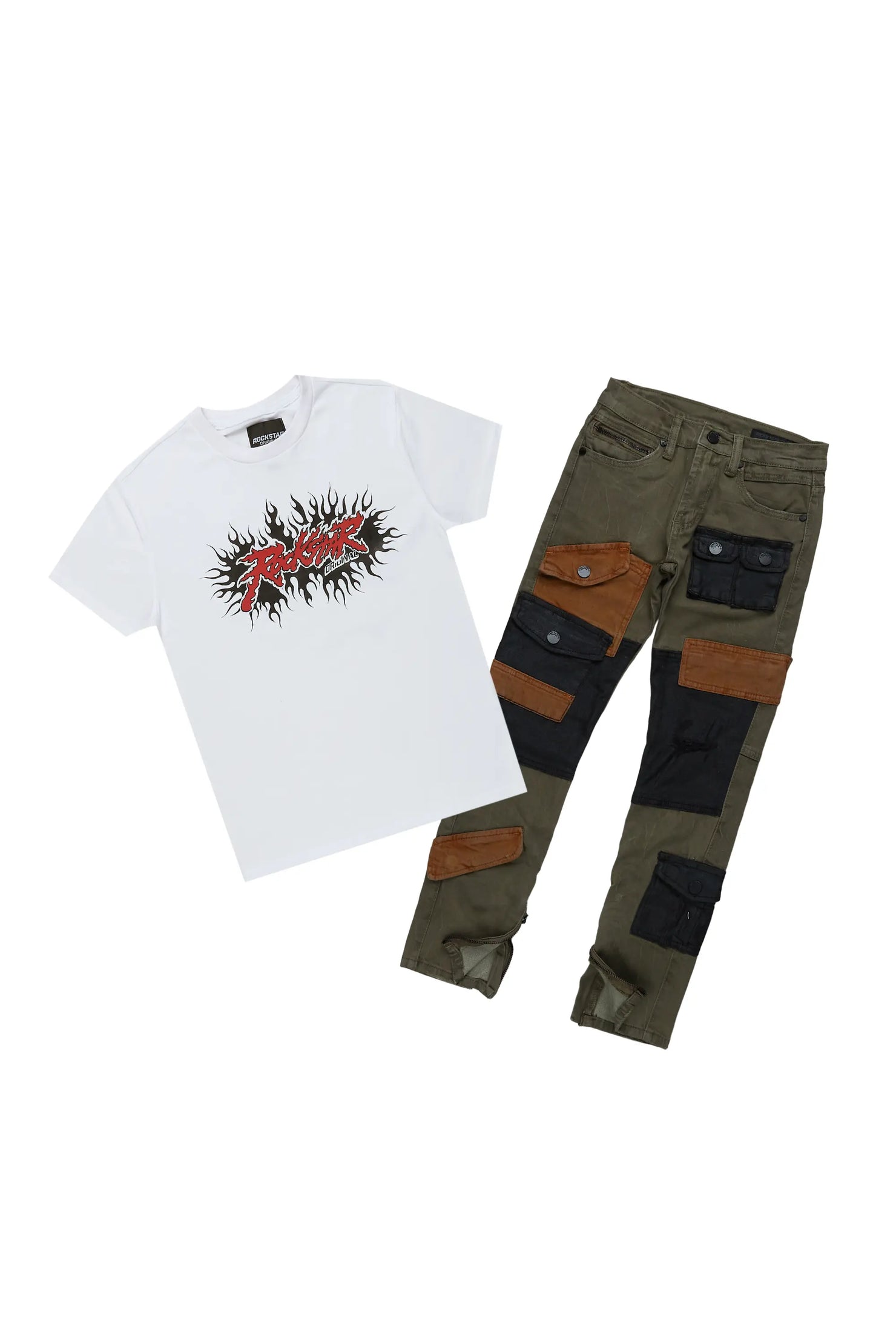 Boys Saidi White T-Shirt/Patch Cargo Jean