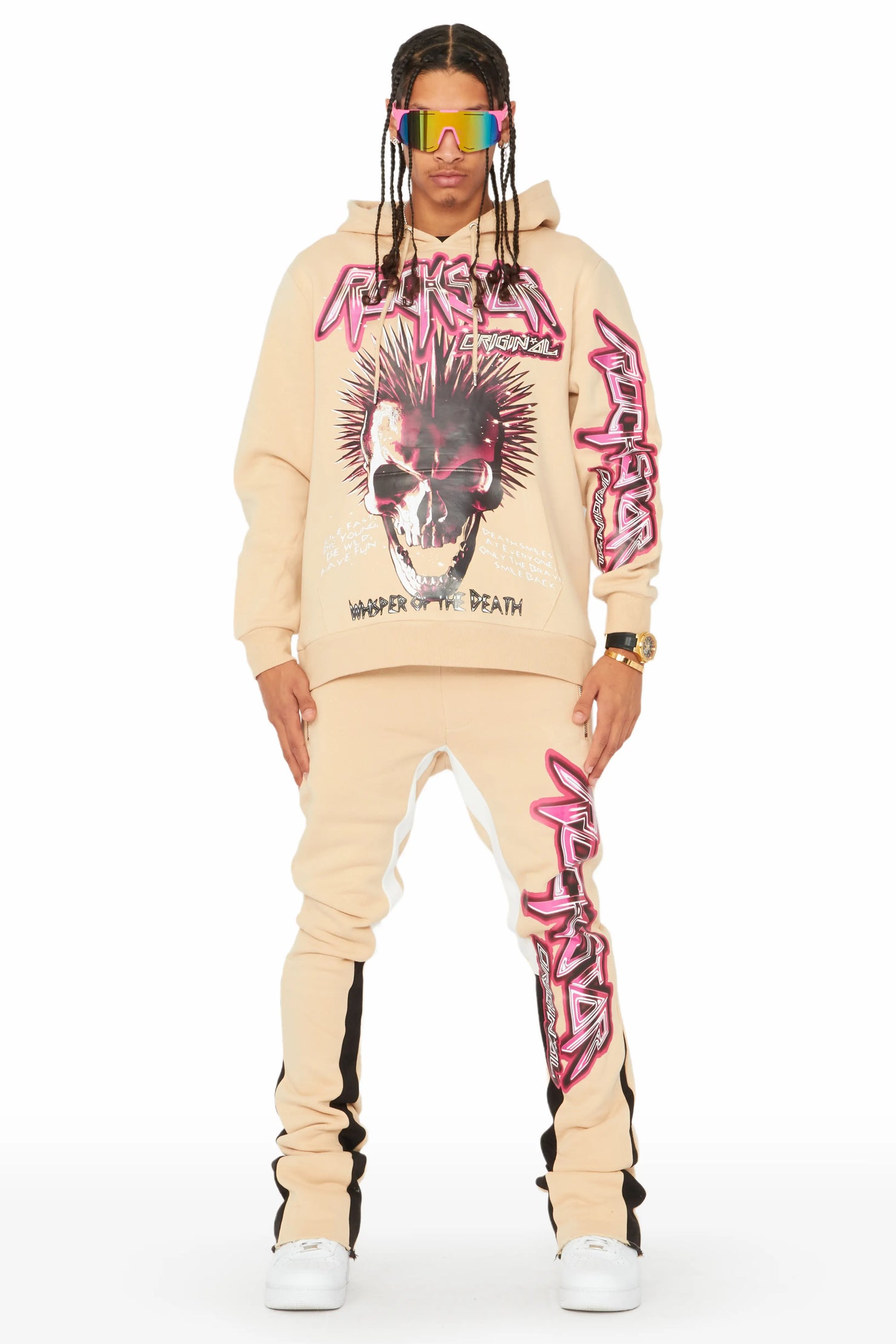 Obern Beige/Black Graphic Hoodie/Stacked Flare Pant Track Set