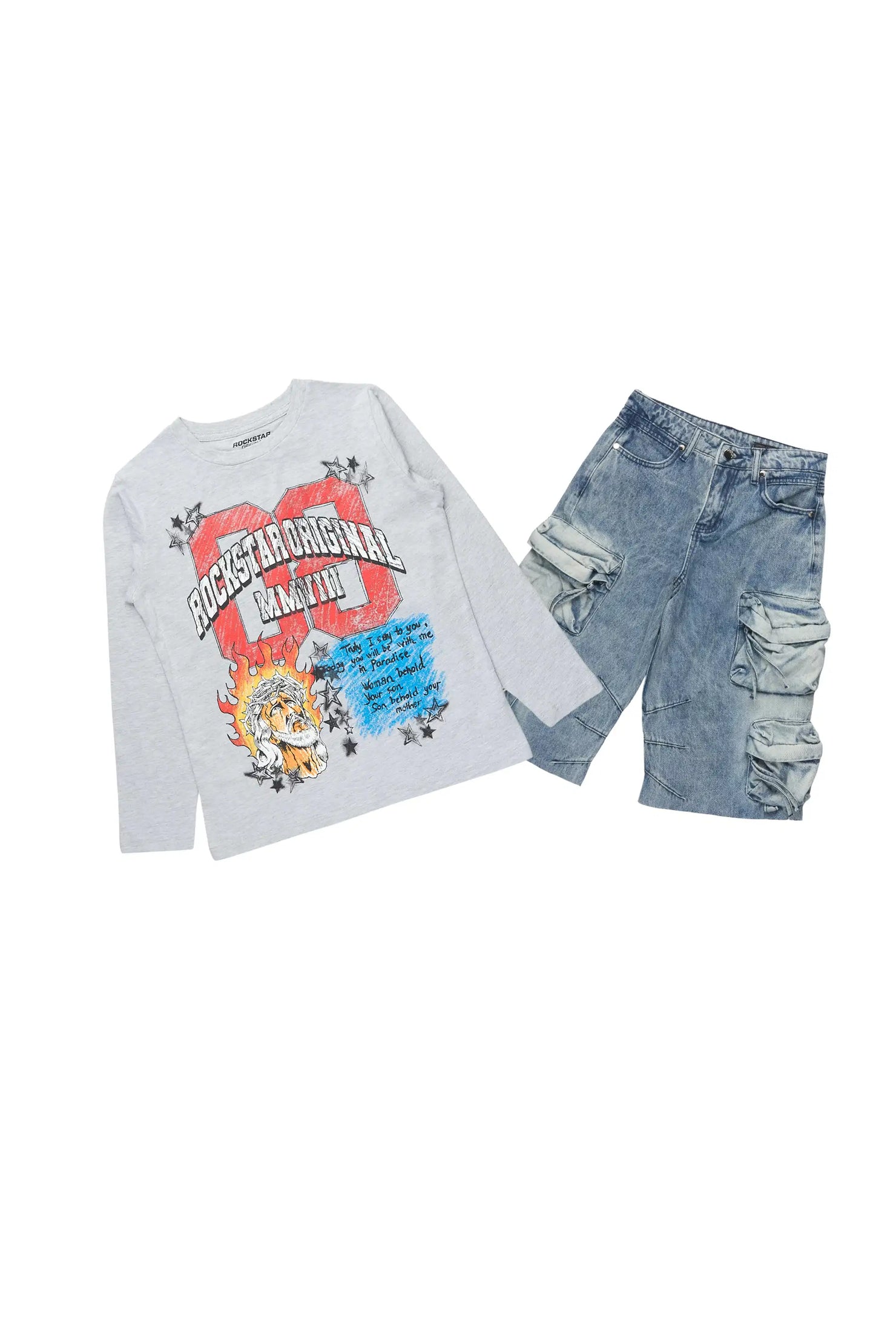 Boys Jesus Crayon Grey/Blue Long Sleeve T-Shirt/Denim Short Set