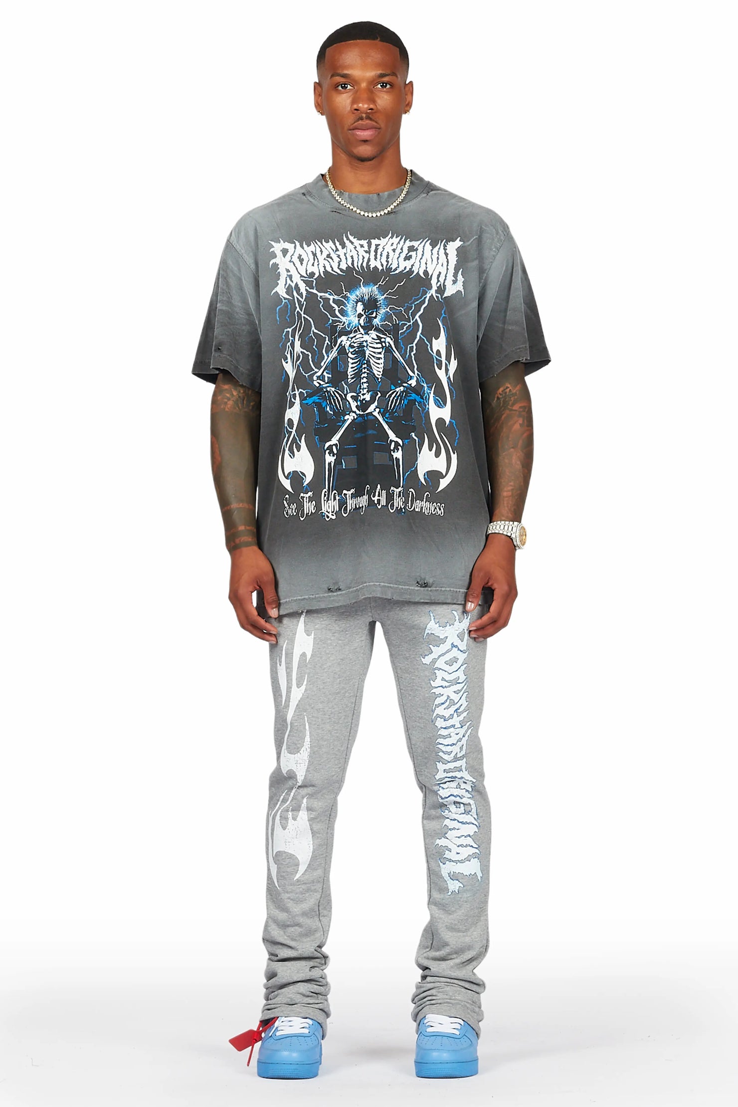 Exodus Charcoal Grey Oversized T-Shirt/Stacked Flare Track Pant Set