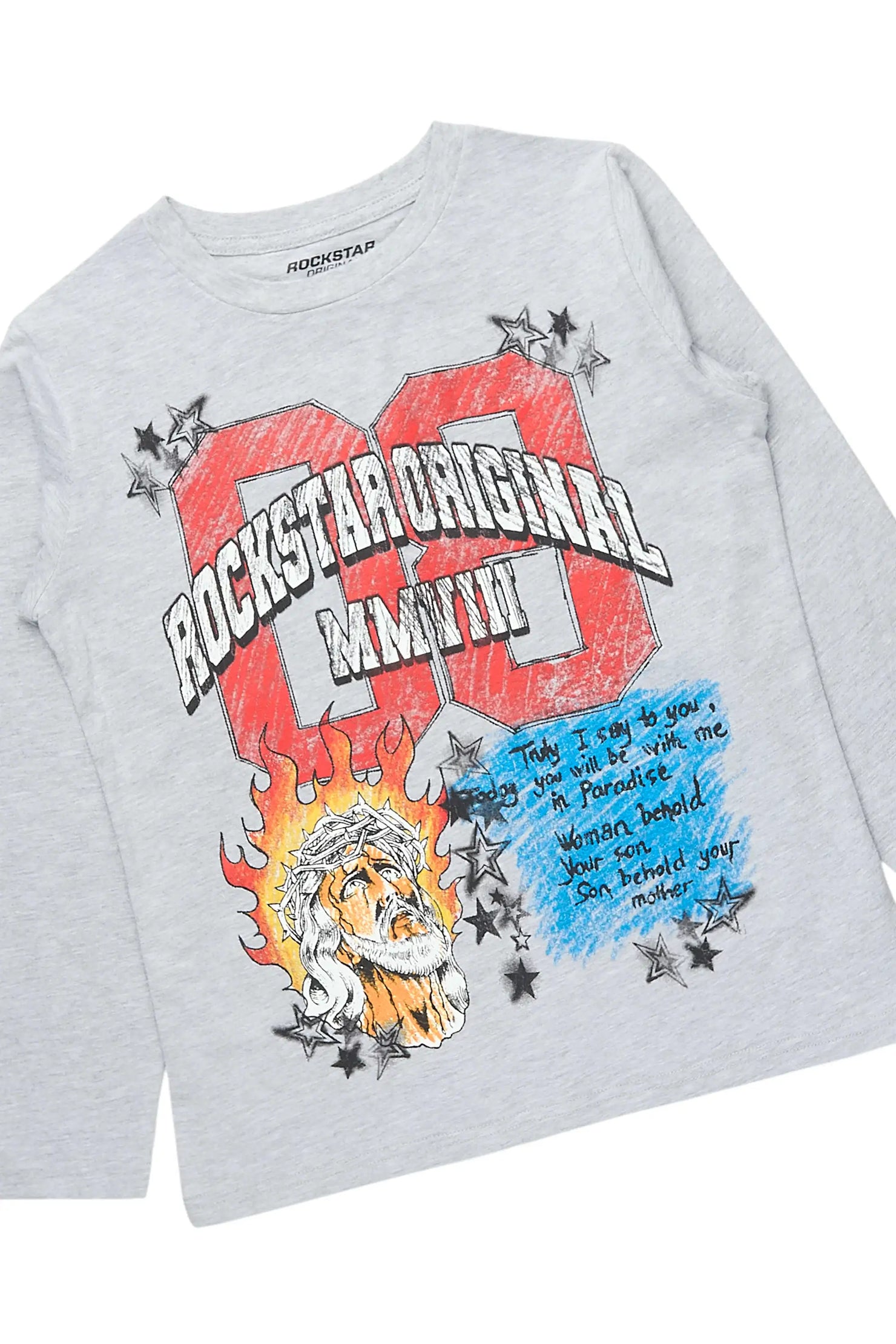 Boys Jesus Crayon Grey/Blue Long Sleeve T-Shirt/Denim Short Set