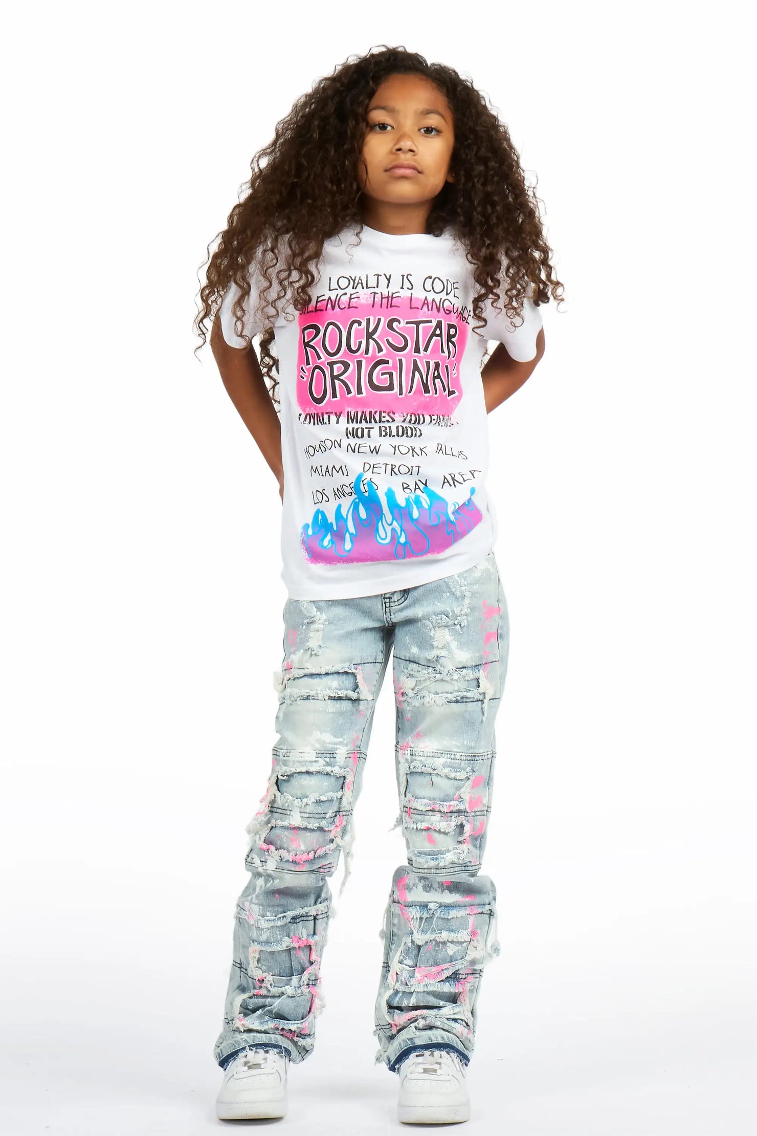 Girls Vasca Blue/Pink Stacked Painter Flare Jean