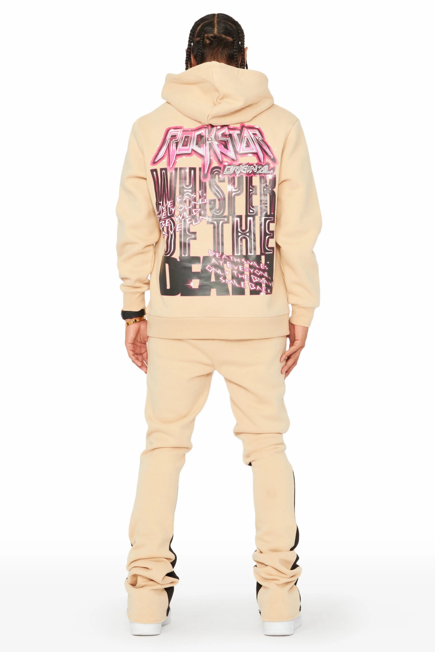 Obern Beige/Black Graphic Hoodie/Stacked Flare Pant Track Set