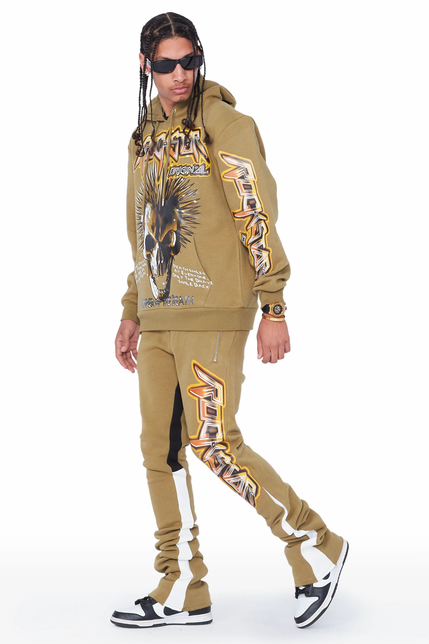 Obern Olive Graphic Hoodie/Stacked Flare Pant Track Set
